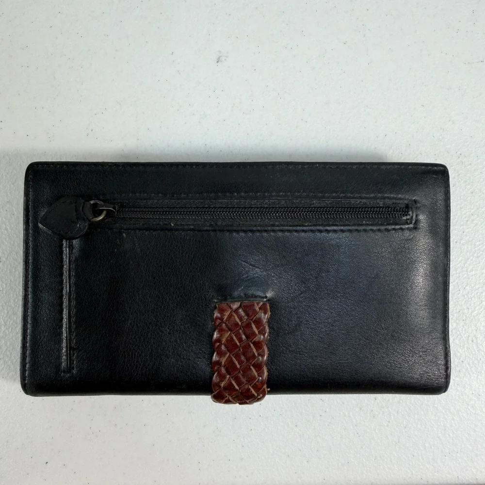 Brighton‎ OS Wallet Tri-Fold Western Heart Braided Croc Leather Black Brown Vtg